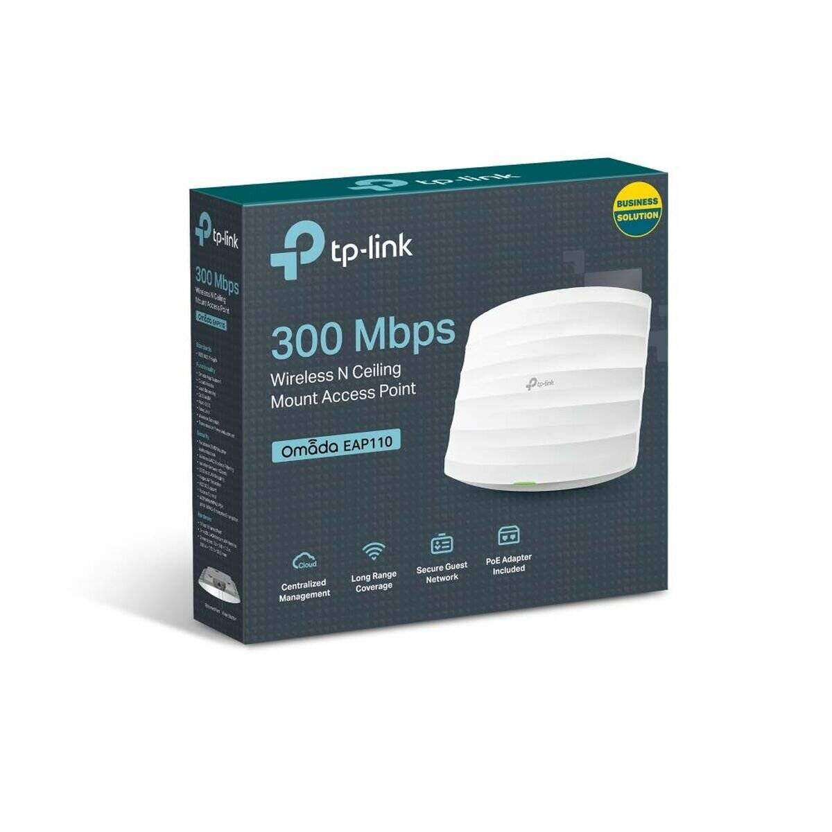 Das Bild zeigt die Verpackung eines TP-Link 300 Mbps Wireless N Decken-Zugangspunkts, Modell EAP110, mit Fokus auf geschäftliche Nutzung.