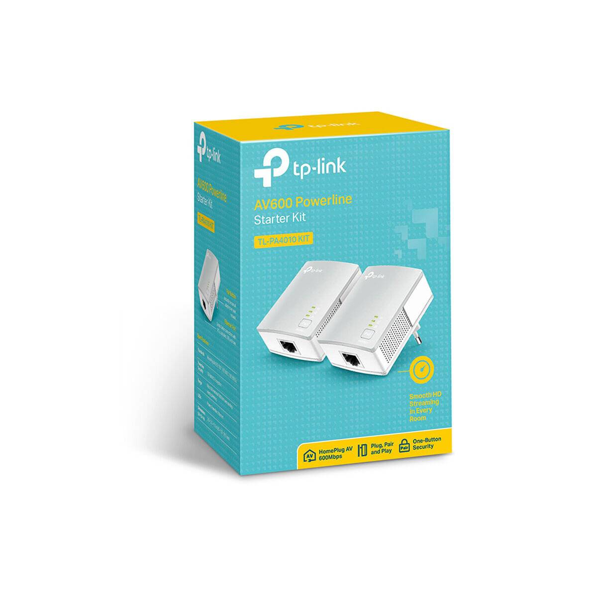 Verpackung des 'TP-Link AV600 Powerline Starter Kit' zeigt zwei weiße Powerline-Adapter mit Ethernet-Anschlüssen. Entwickelt für Netzwerkverbindungen.