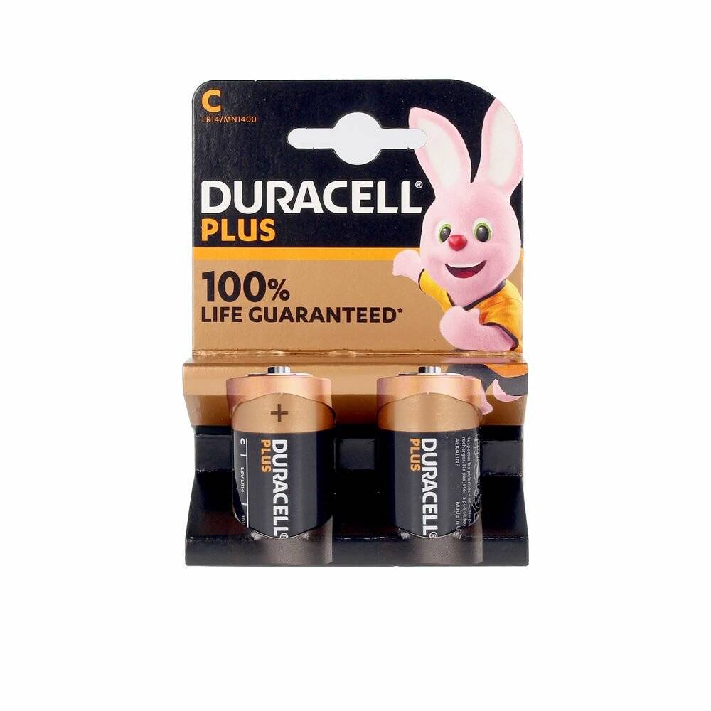 Zwei Duracell Plus C Batterien in Verpackung, mit dem Duracell-Hasen und dem Text '100% Garantiert'.