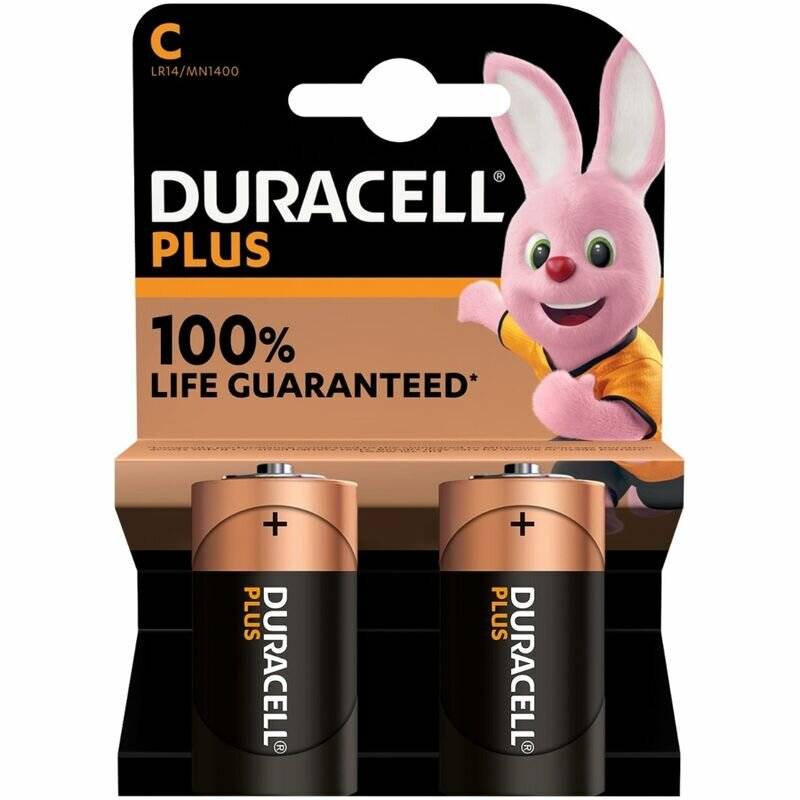 Duracell Plus', zwei C-Batterien in orange-schwarzer Verpackung. Mit einem pinken Hasen als Maskottchen, Text '100% Lebensdauer garantiert'.