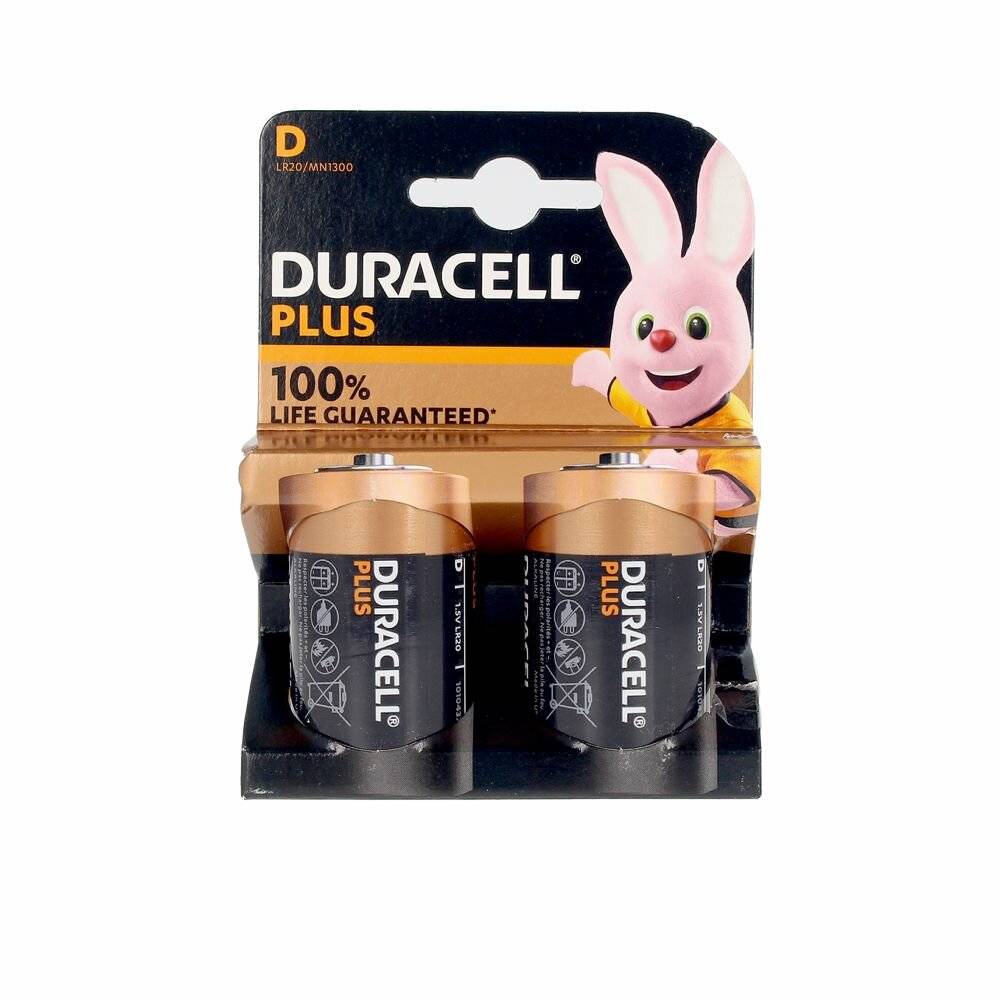 Zwei Duracell-D-Batterien in einer Verpackung mit dem Duracell-Hasen, mit der Aufschrift 