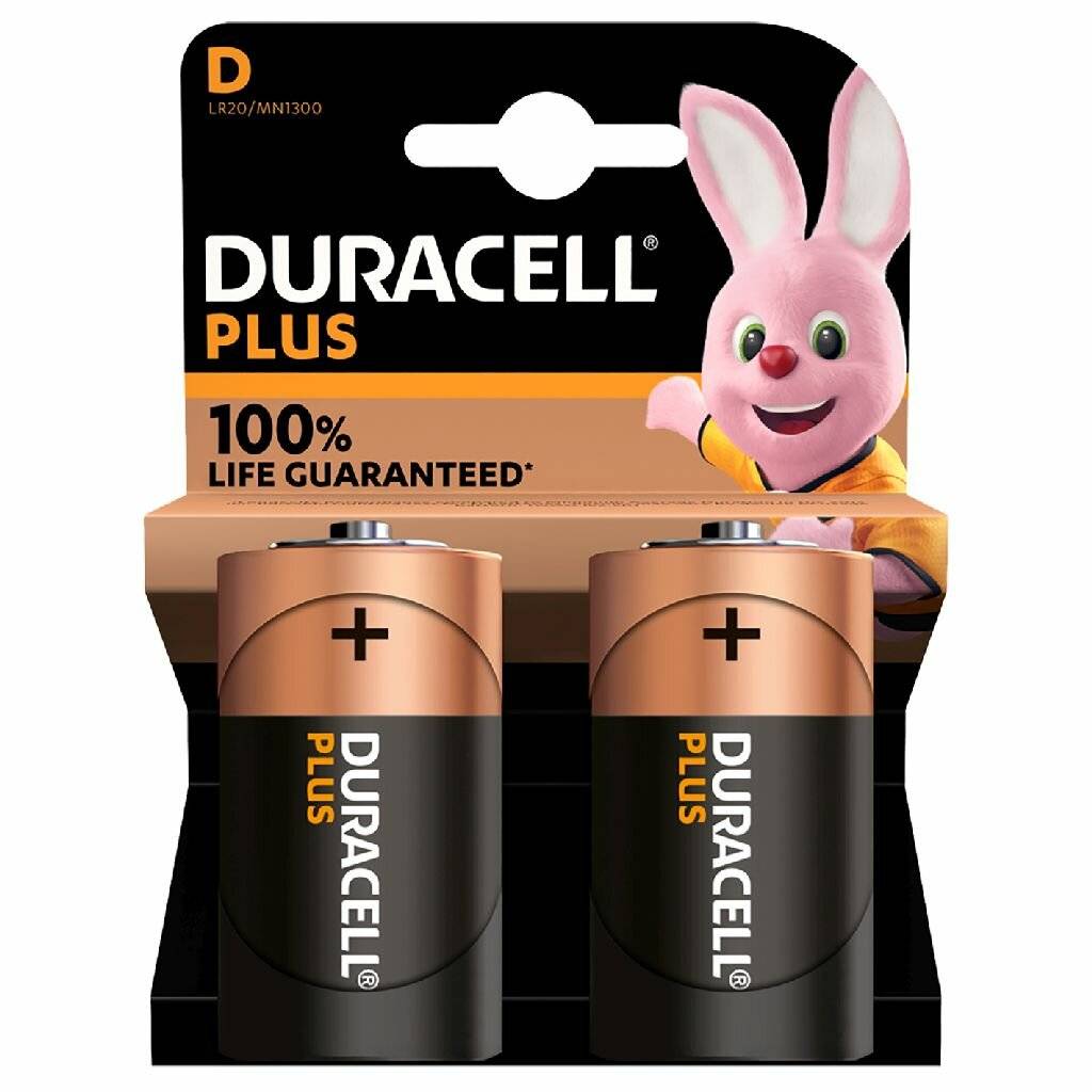Verpackung von 'DURACELL PLUS' D-Batterien mit einem pinken Hasen als Maskottchen, mit der Aufschrift '100% LEBENSDAUER GARANTIERT'. Zwei D-Batterien sind sichtbar.