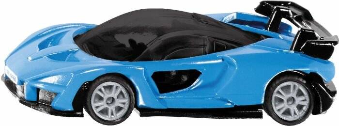 Ein schlankes, modernes blaues Sportwagen mit schwarzem Dach, das sein aerodynamisches Design und seine silbernen Leichtmetallfelgen präsentiert.