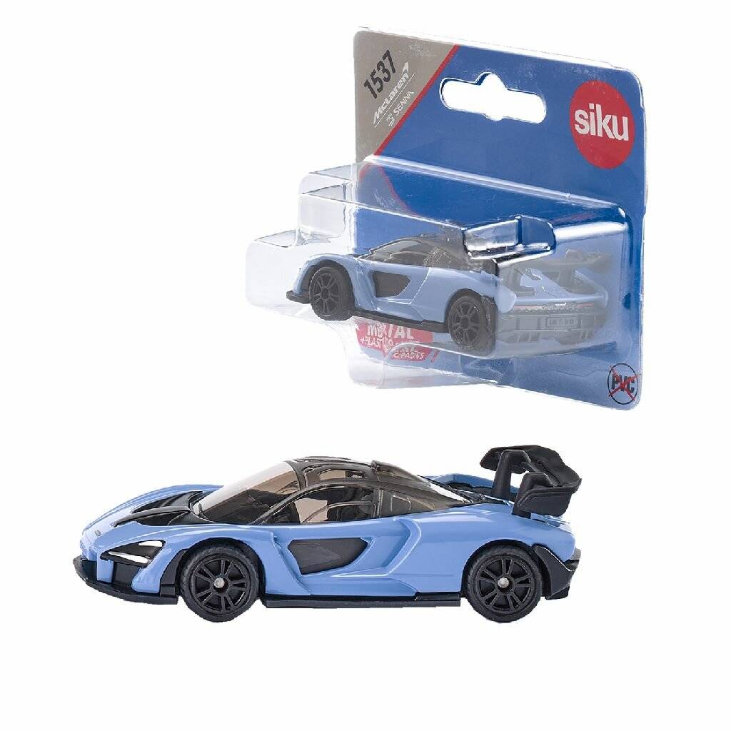Ein blaues Spielzeug-Sportwagen-Modell mit einem schwarzen Spoiler, dargestellt in und außerhalb seiner Verpackung, mit der Marke 'siku'.