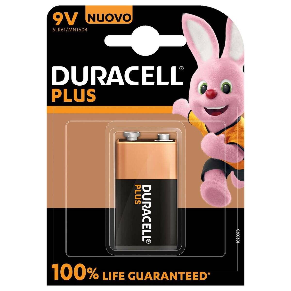 Duracell Plus 9V-Batterie in Verpackung mit pinkem Häschenmaskottchen rechts. Text: 