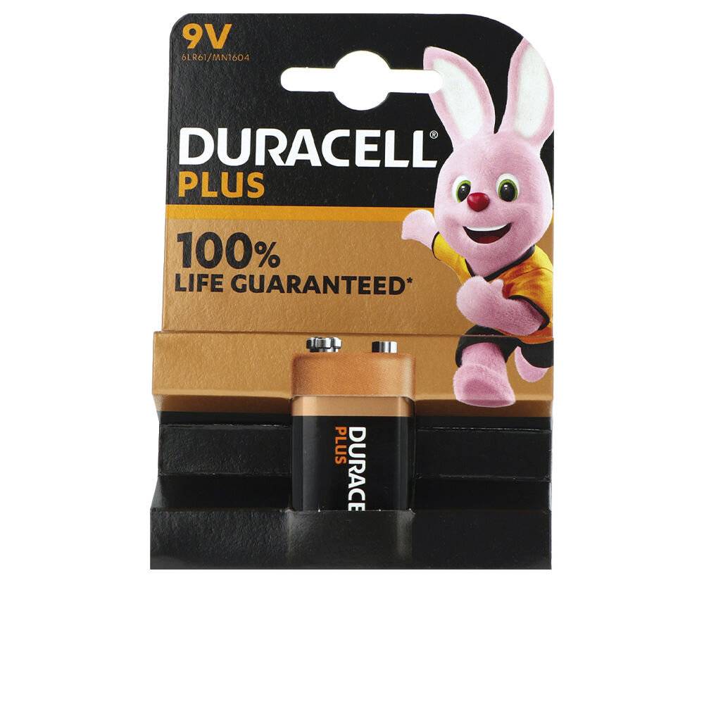 Eine Verpackung mit einer Duracell 9V-Batterie wird gezeigt, auf der der rosa Duracell-Hase als Maskottchen abgebildet ist, zusammen mit dem Text 