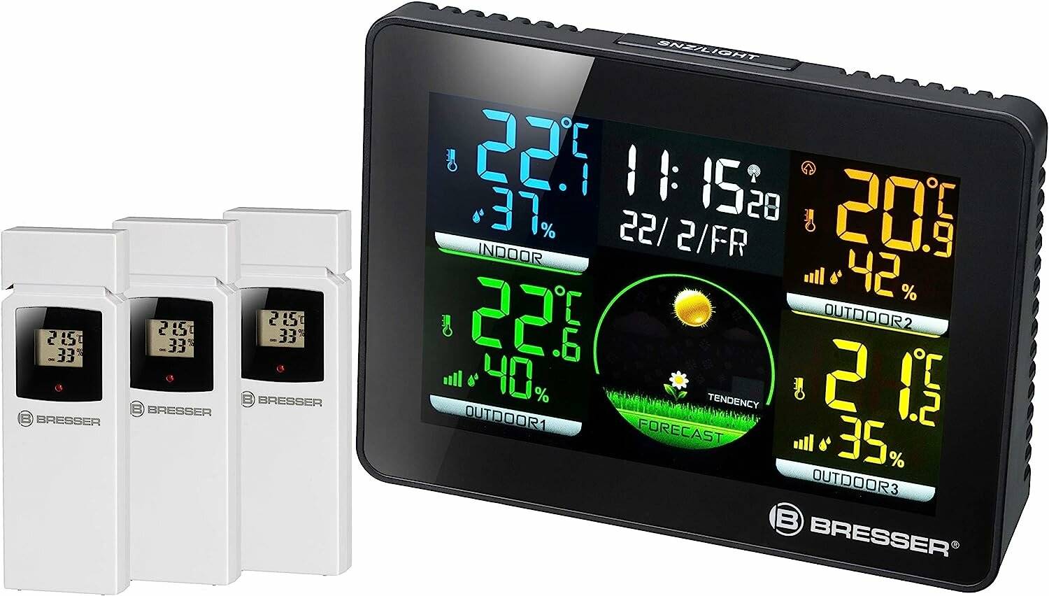 Digitale Wetterstation mit Anzeige von Innen- und Außentemperatur, Luftfeuchtigkeit, Uhrzeit (11:15), Datum (22/2) und sonniger Wettervorhersage.