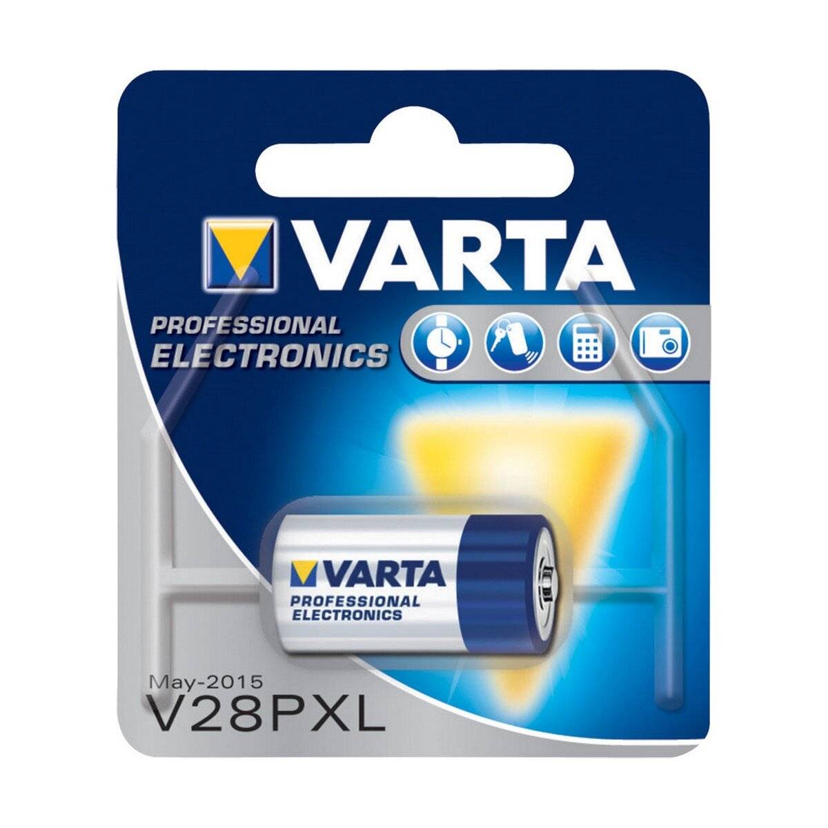 Varta V28PXL Batterie-Verpackung mit Produktabbildung und Icons für Kameras, Uhren und Elektronik, gekennzeichnet als 