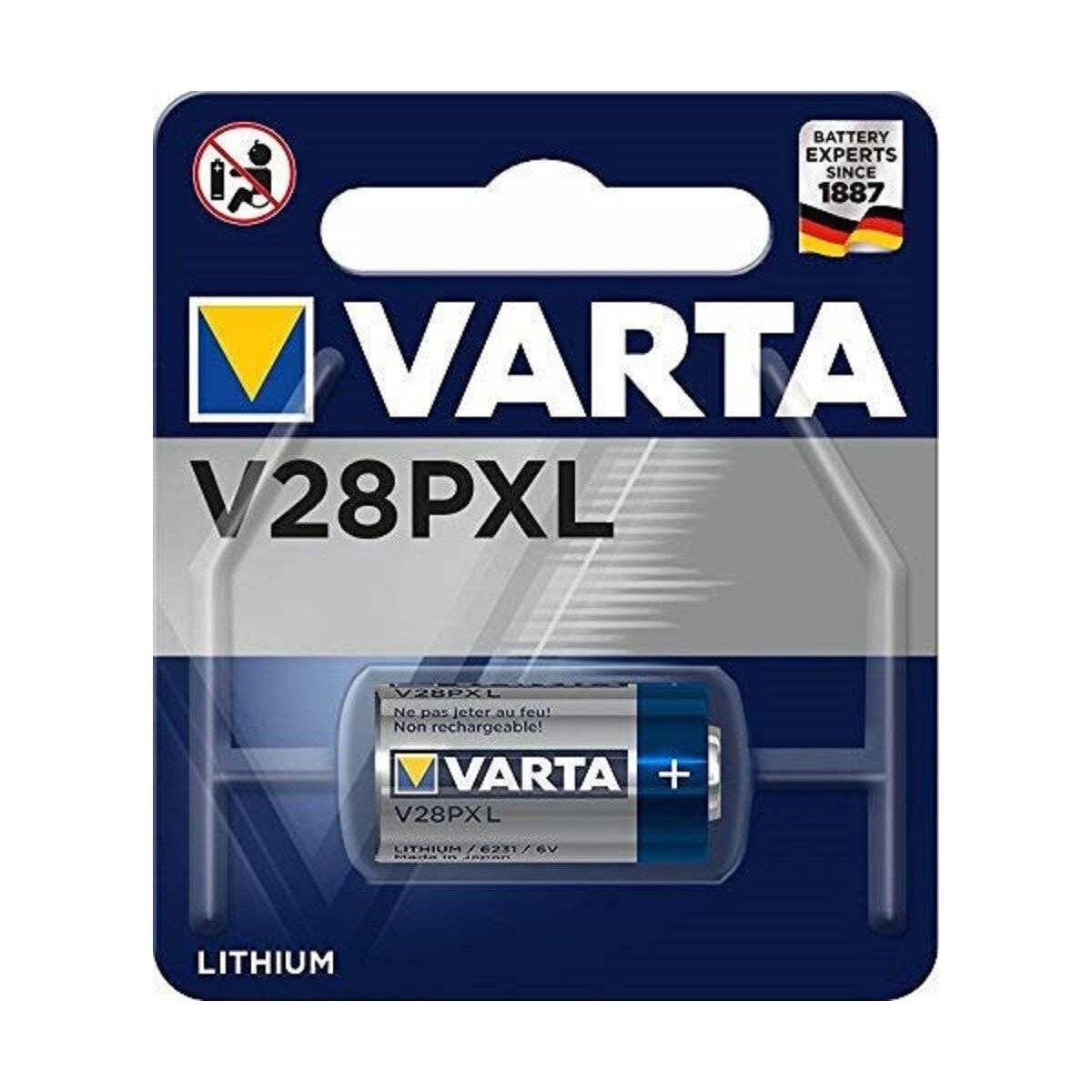 Verpackung einer VARTA V28PXL Lithium-Batterie, die Batterie und Branding zeigt, mit der Aufschrift „Batterieexperten seit 1887