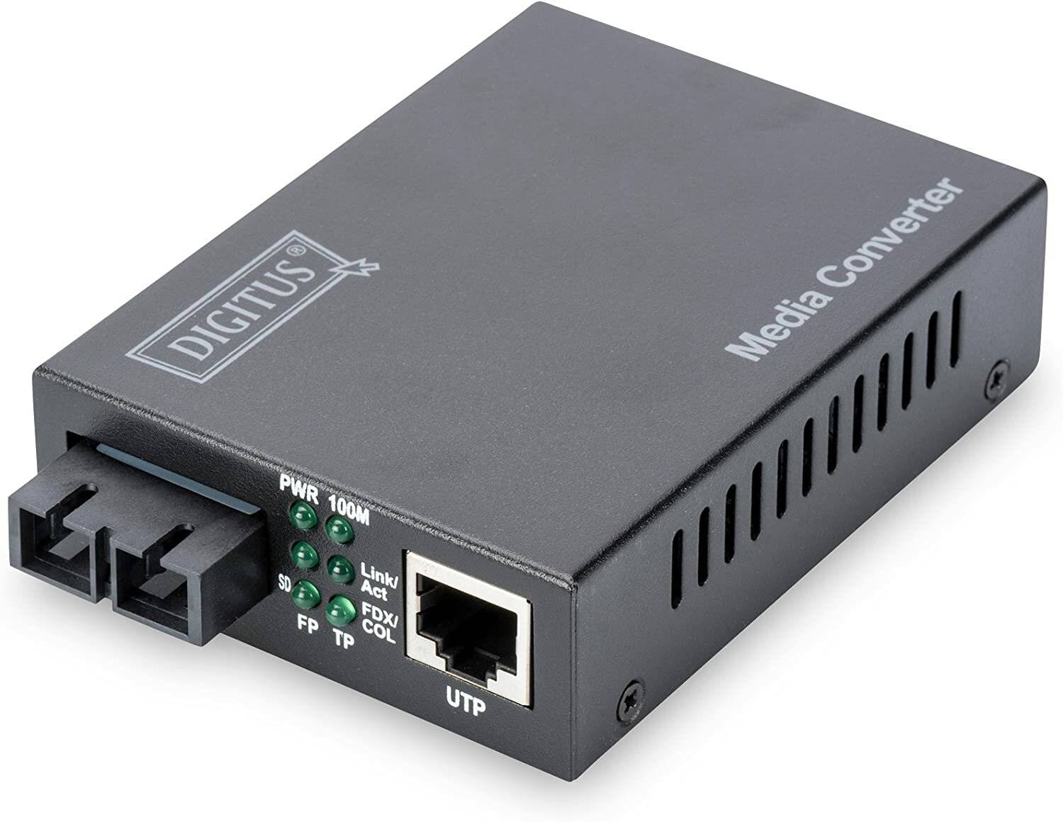Ethernet-Medienkonverter mit Anschlüssen und Anzeigelampen, beschriftet mit „Digitus