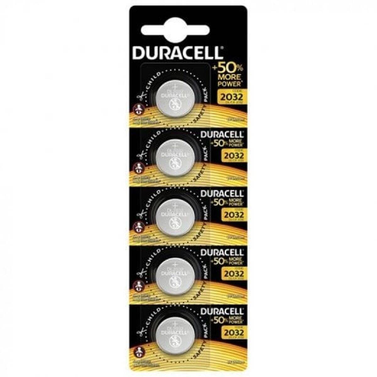 Duracell 2032 Batterien-Packung mit fünf Batterien, mit der Behauptung von 50% mehr Leistung, geeignet für Elektronikgeräte. Kindersichere Verpackung.
