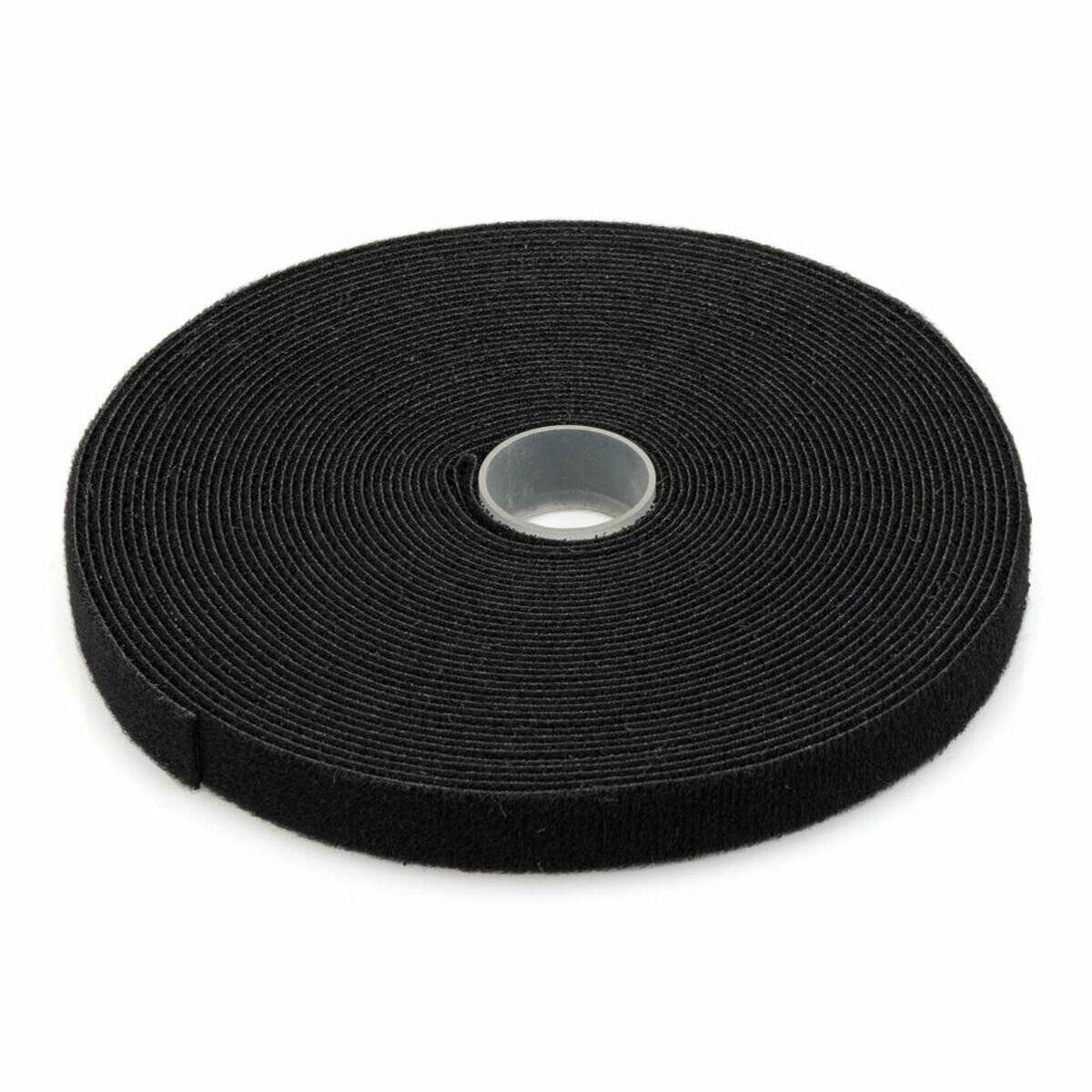 Eine Rolle schwarzen Klettband-Verschlusses, ordentlich aufgewickelt mit einem sichtbaren Kern in der Mitte.