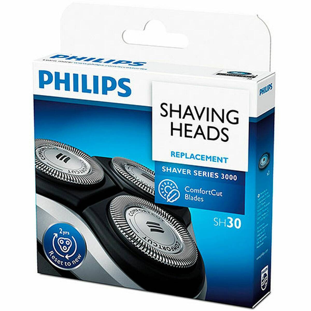 Philips Ersatz-Scherkopf für Rasierer der Serie 3000 mit ComfortCut-Klingen, gekennzeichnet mit 'SH30'. Verpackung zeigt drei Klingen.