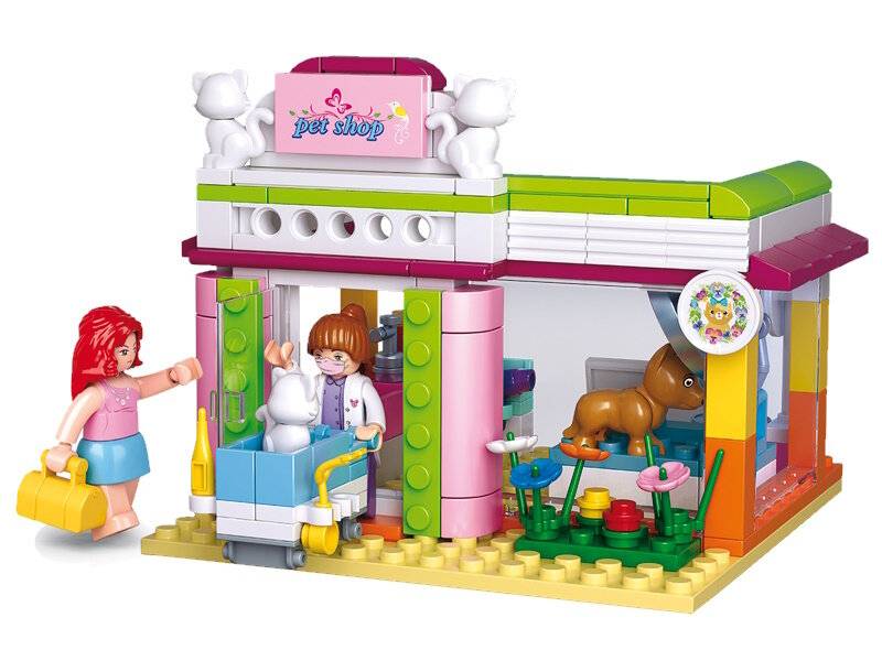 Baukasten eines Spielzeug-Tierladens mit bunten Steinen. Enthält einen Wagen, Blumen und Minifiguren, einschließlich einer Person mit einem Roller.