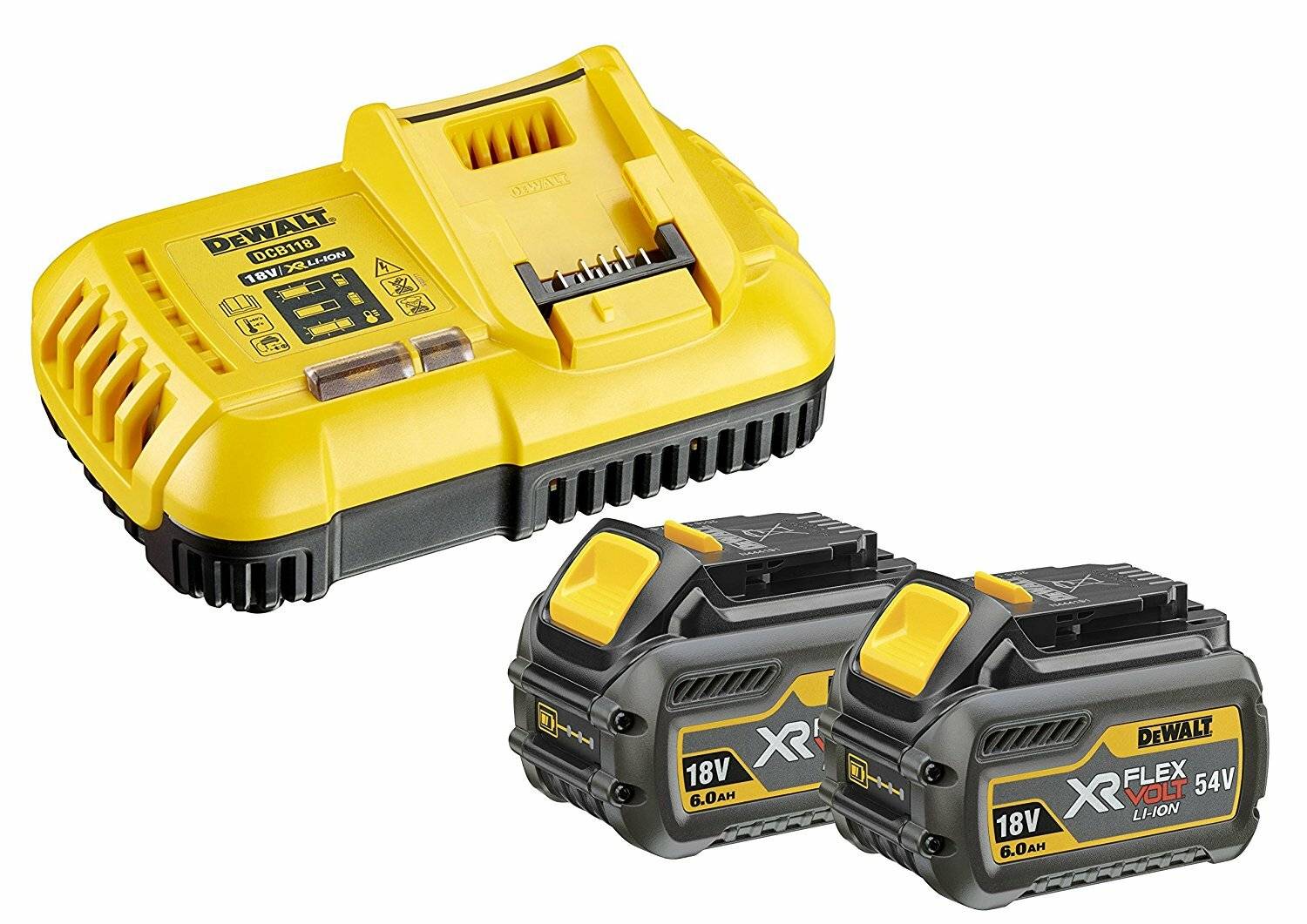Gelber Akkuladegerät und zwei wiederaufladbare 18V XR 6.0Ah Akkus, alle mit dem 'DEWALT' Logo gekennzeichnet, vor einem weißen Hintergrund.
