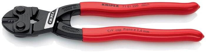 Rote Zange der Marke 'Knipex' mit der Spezifikation 'CrV cap. Piano' auf dem Griff.