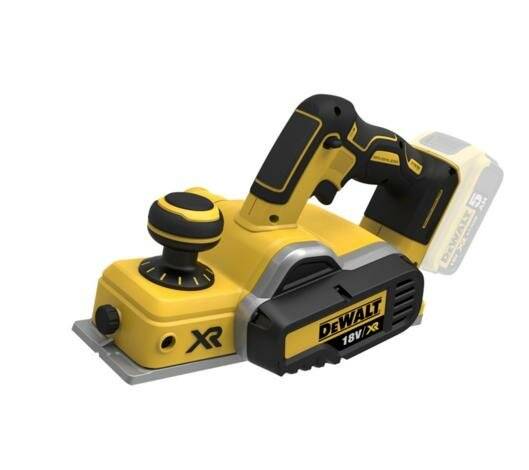 Ein gelb-schwarzer kabelloser elektrischer Hobel mit 'XR' und 'DEWALT 18V' Branding, entwickelt zum Glätten von Holzoberflächen.