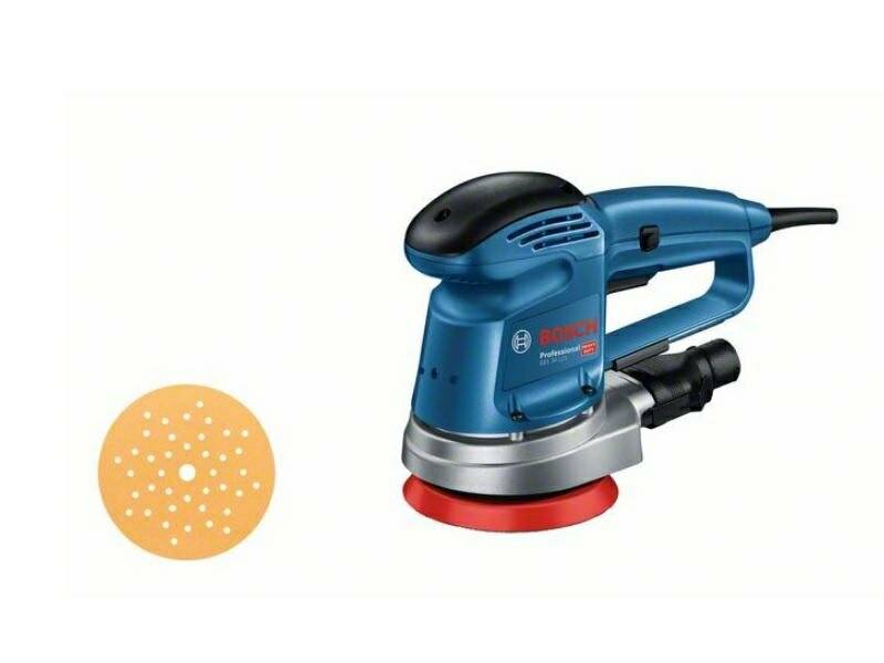 Blauer Bosch Exzenterschleifer mit rotem Schleifteller und separater runder Schleifscheibe links daneben.