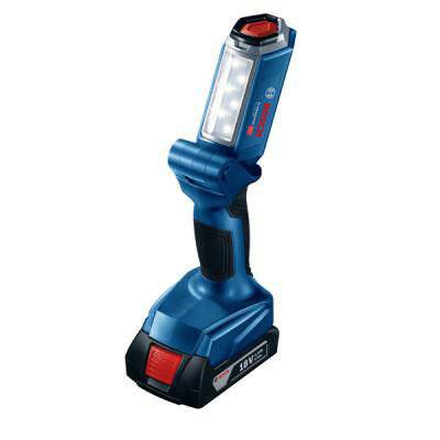 Eine blaue mobile LED-Arbeitsleuchte mit einem schwarzen Griff, einem aufladbaren Akkuunterteil und einem roten Einschaltknopf oben.