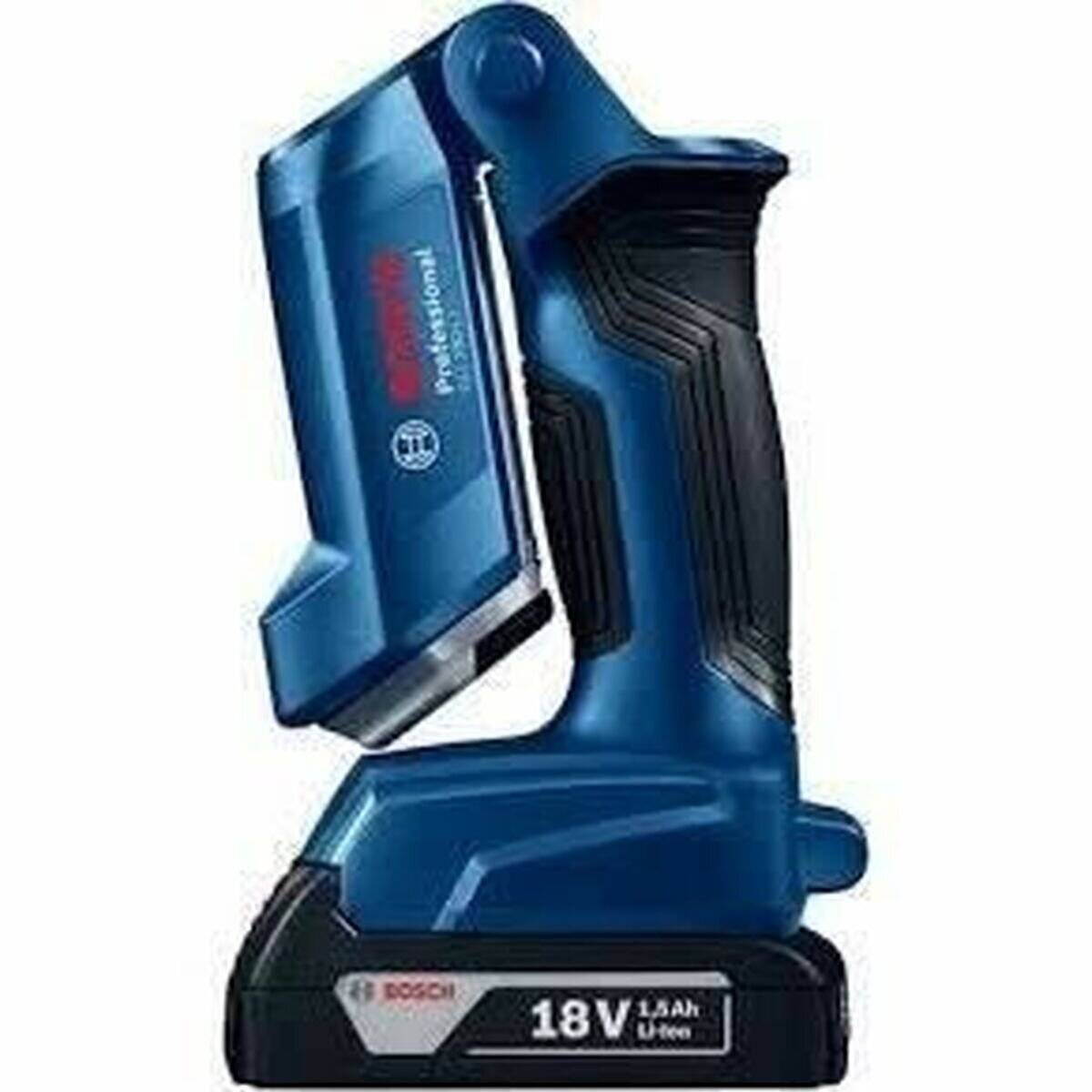 Blaue kabellose Bosch LED-Leuchte, 18V, auf ihrer Batteriestation stehend.