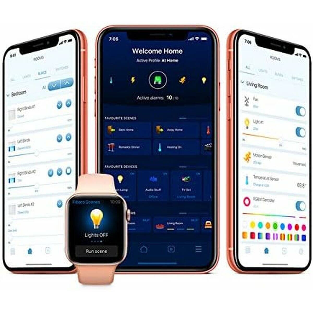 Drei Smartphones und eine Smartwatch zeigen eine Benutzeroberfläche einer Heimautomatisierungs-App, die verschiedene Smart-Home-Steuerungen für Beleuchtung und Geräte darstellt.
