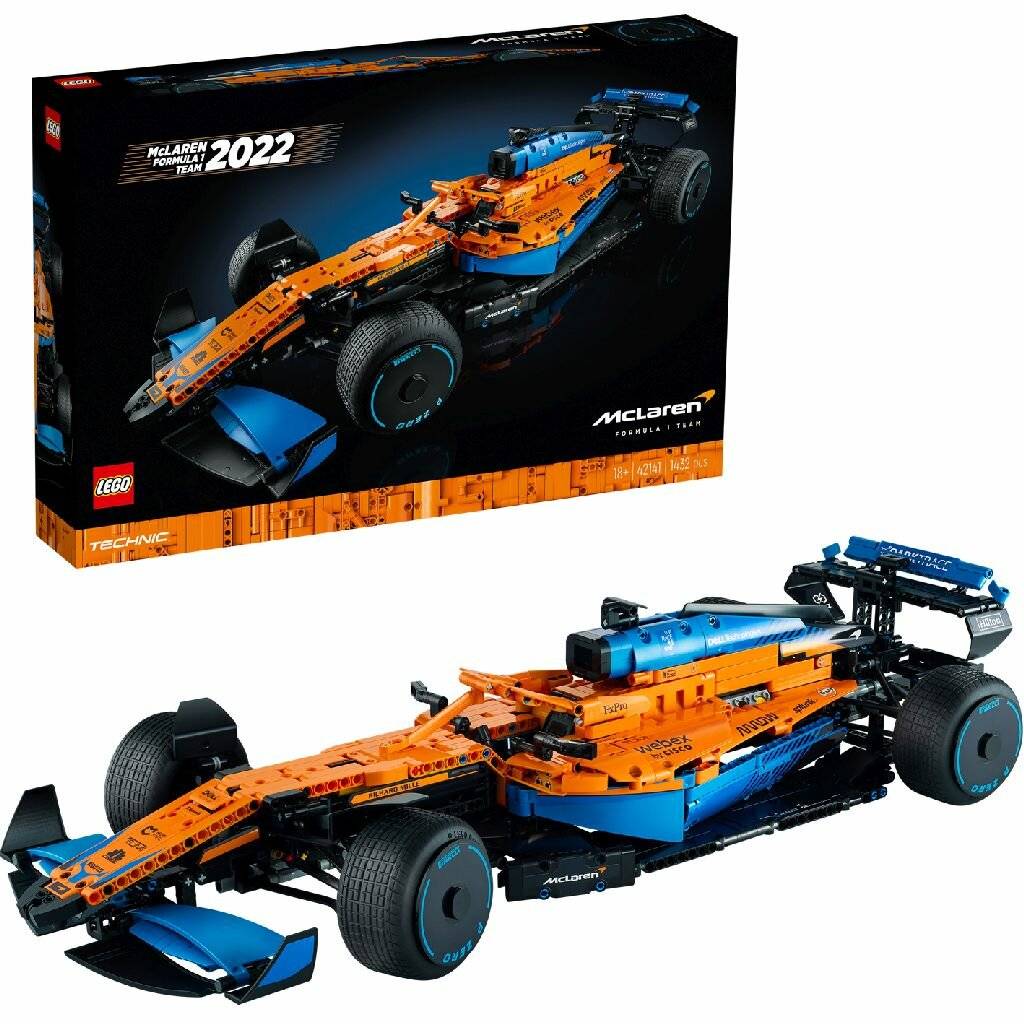 LEGO Technic McLaren Formel 1 Rennwagen-Set mit Modell und Verpackung, das detaillierte Designelemente und eine originalgetreue Farbgebung aufweist.