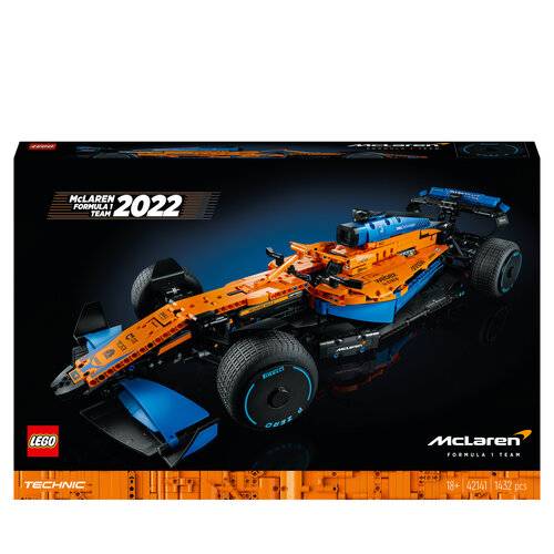LEGO Technic McLaren Formel 1 Modell 2022. Schachtel zeigt einen orangefarbenen und blauen Rennwagen. Enthält 1.432 Teile. Für Personen ab 18 Jahren.