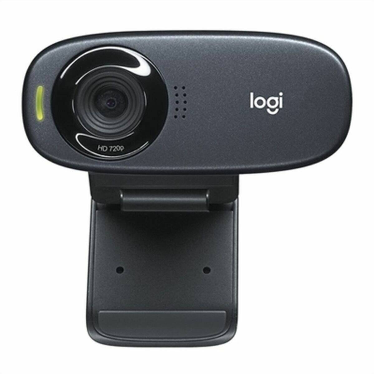 Eine schwarze Logitech-Webcam mit Objektivbeschriftung 'HD 720p', auf einer Halterung montiert, entwickelt für Videoanrufe und Online-Meetings.