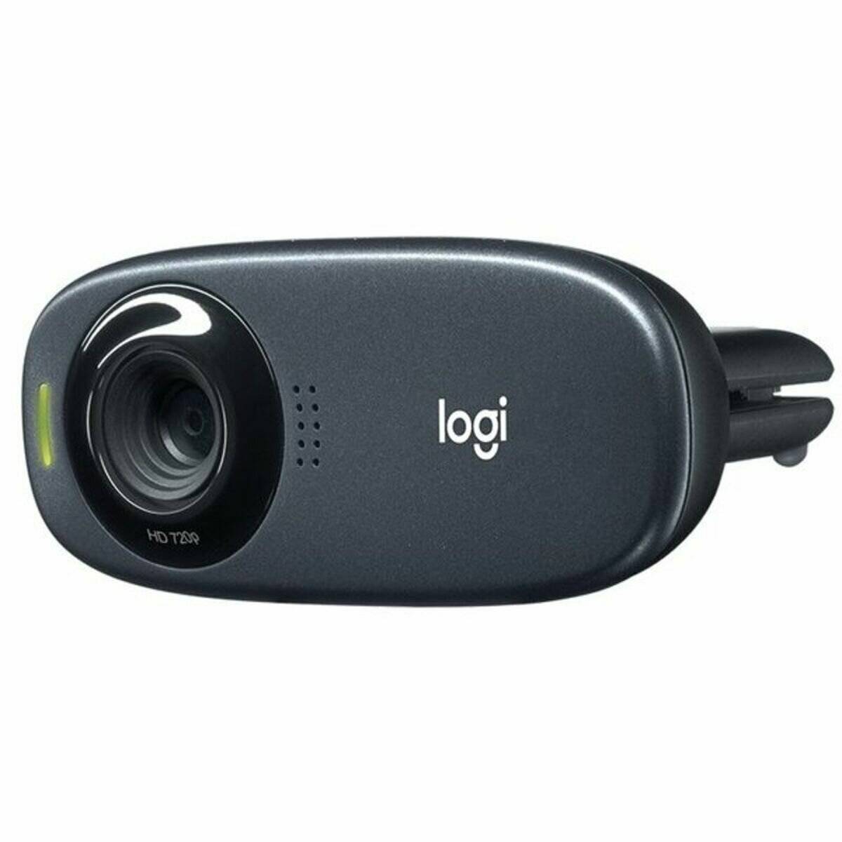 Kompakte schwarze Webcam mit einer Linse links, dem 'logi' Logo in der Mitte und einem herausragenden USB-Anschluss rechts.