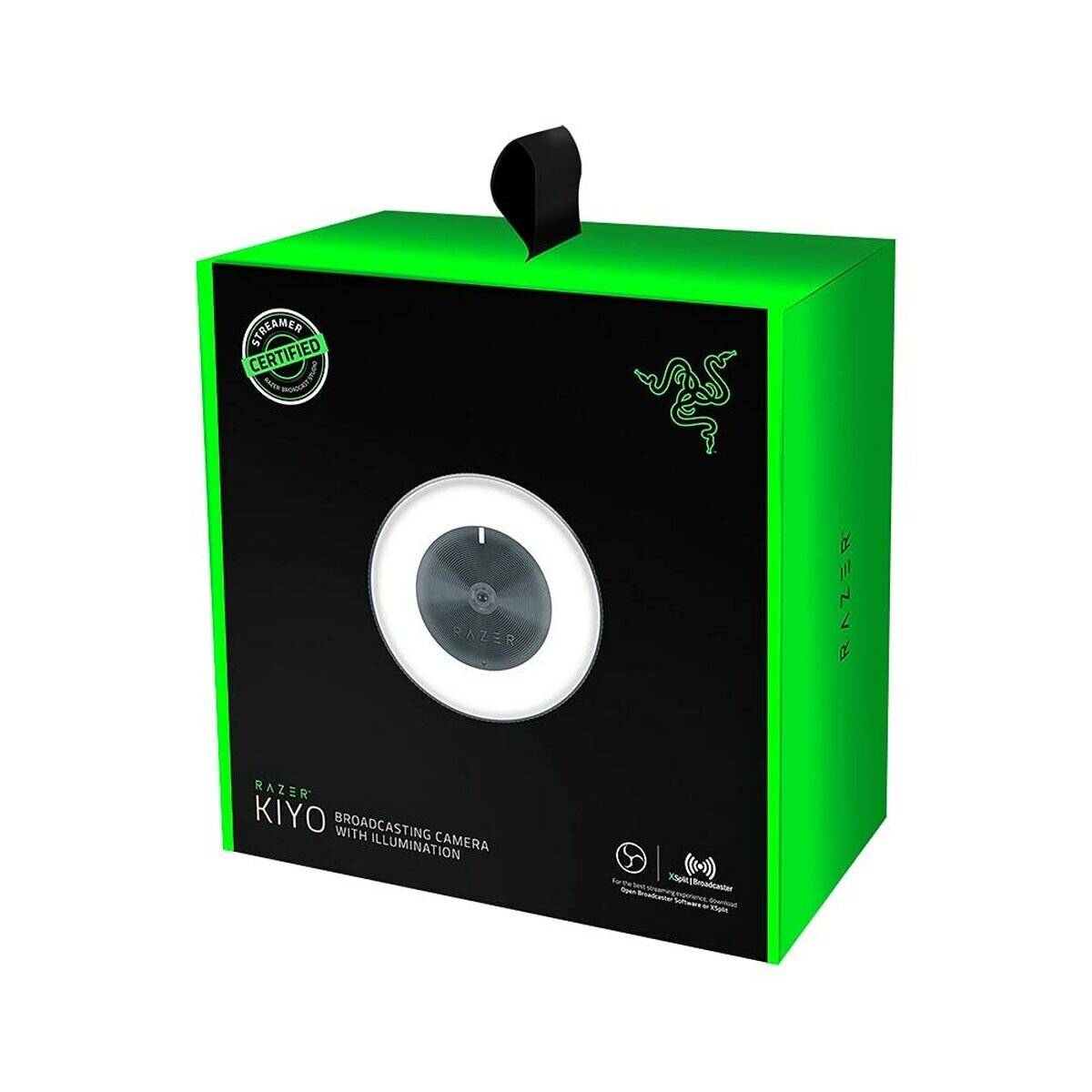 Die Abbildung zeigt die Verpackung der Razer Kiyo, eine Broadcast-Kamera mit Ringlicht-Beleuchtung, die mit grünen Akzenten hervorgehoben wird.