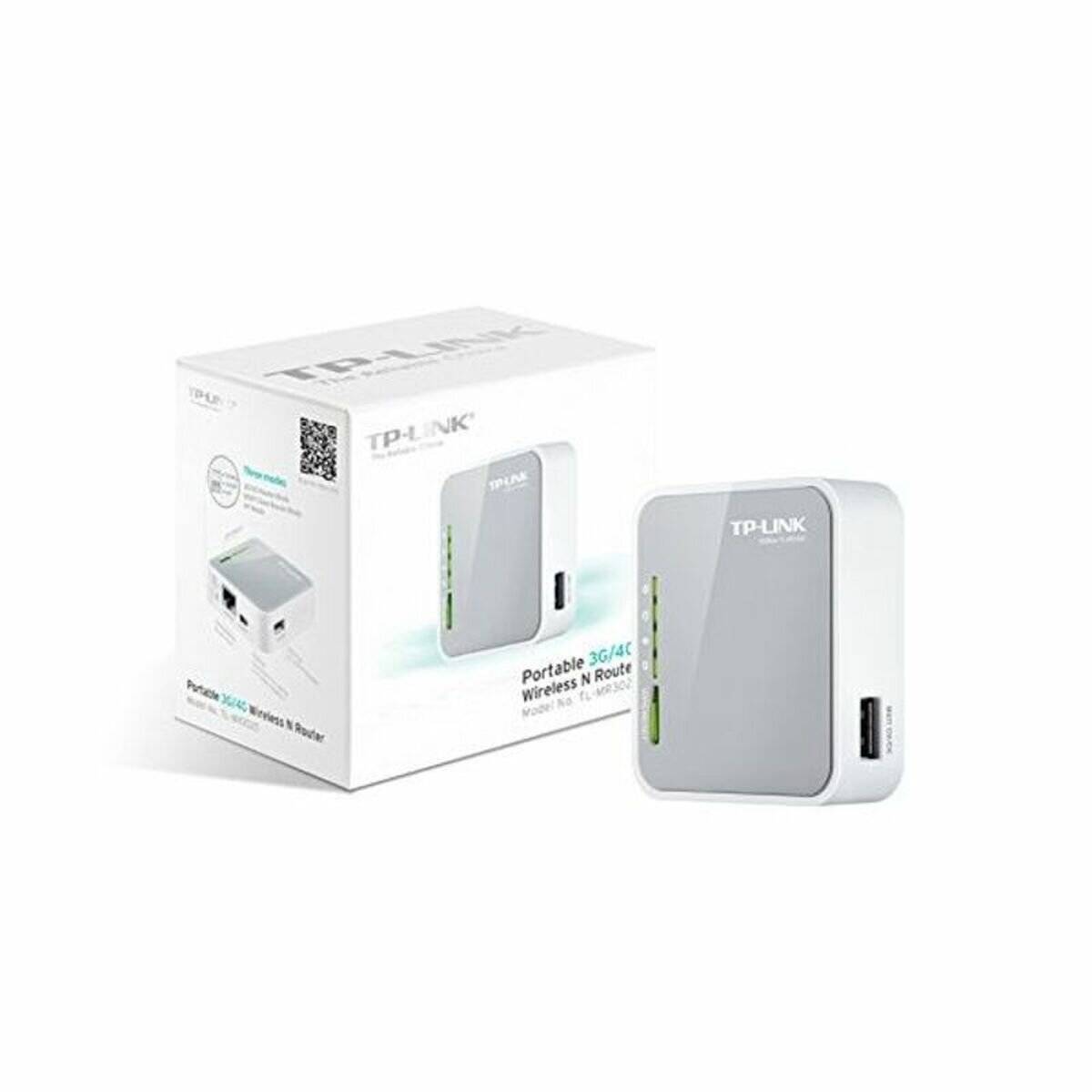 TP-Link Tragbarer drahtloser Router, präsentiert mit seiner Verpackung, wobei seine kompakte Größe und Konnektivitätsfunktionen hervorgehoben werden.