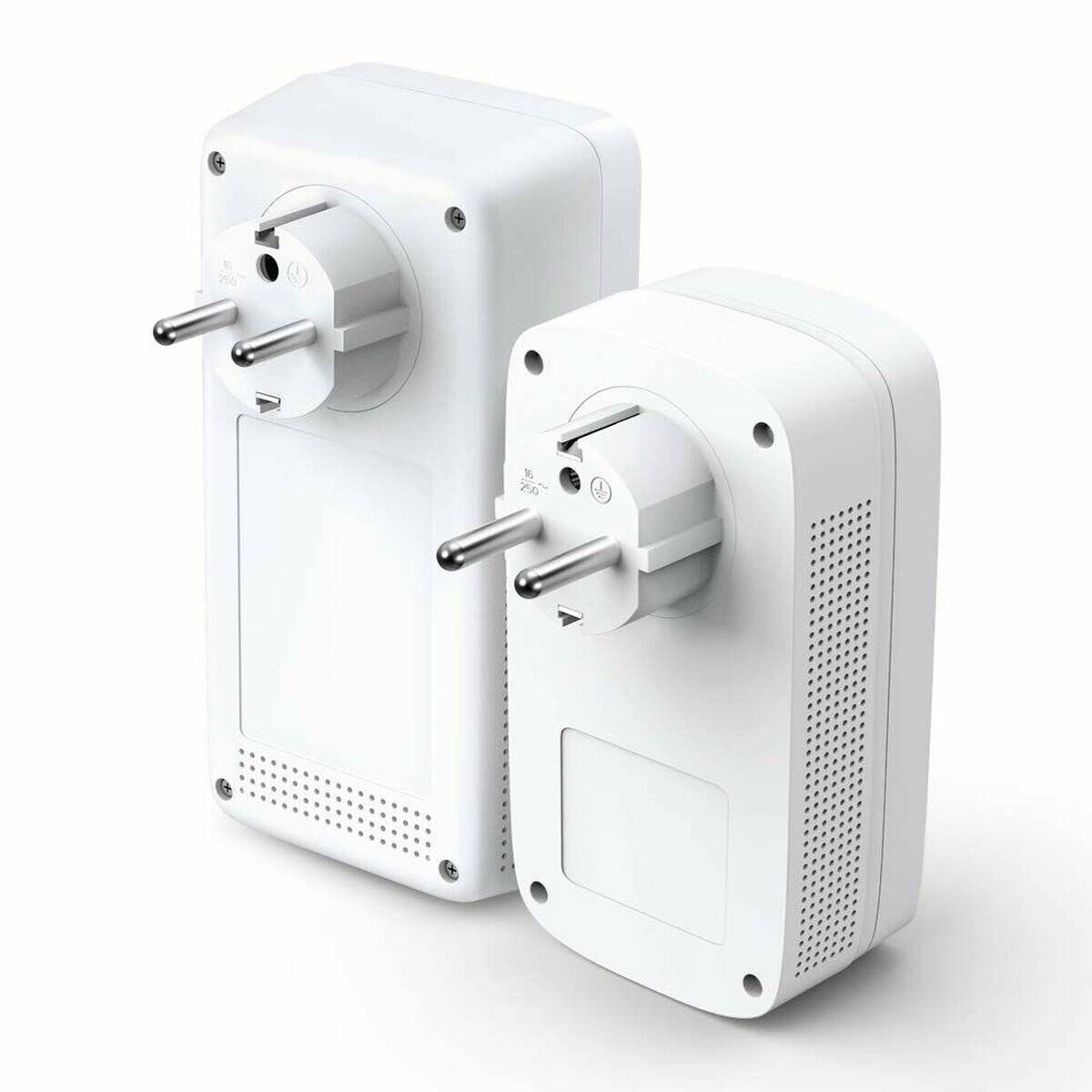 Zwei weiße WLAN-Repeater mit europäischen Steckertypen, von hinten gezeigt.