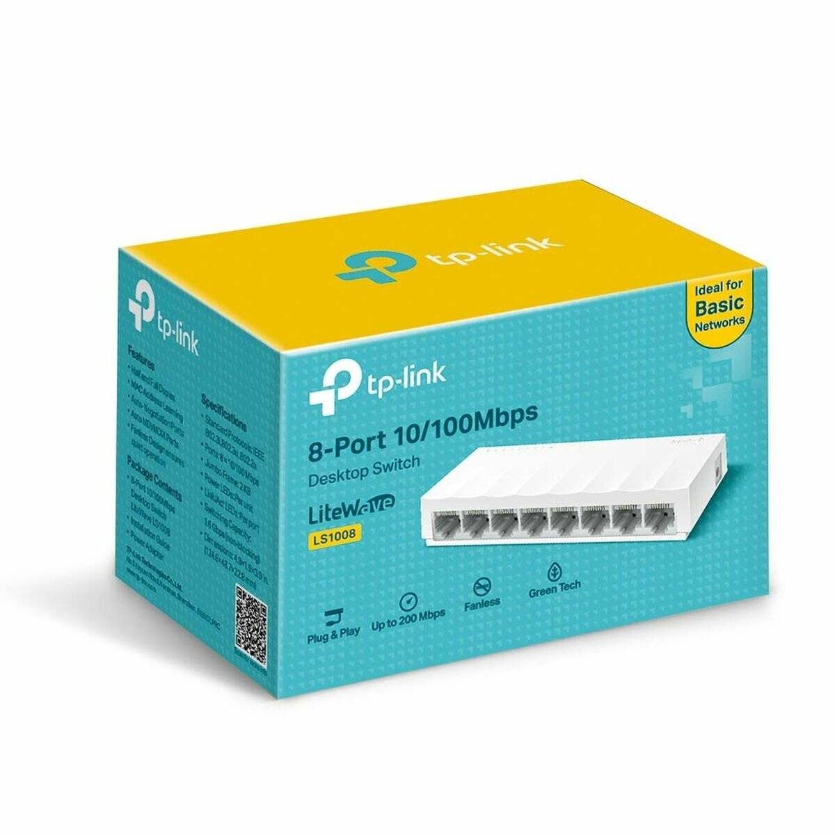 TP-Link 8-Port 10/100Mbps Desktop-Switch Verpackung. Funktionen umfassen Plug-and-Play, Green-Technologie, geeignet für Basis-Netzwerke.
