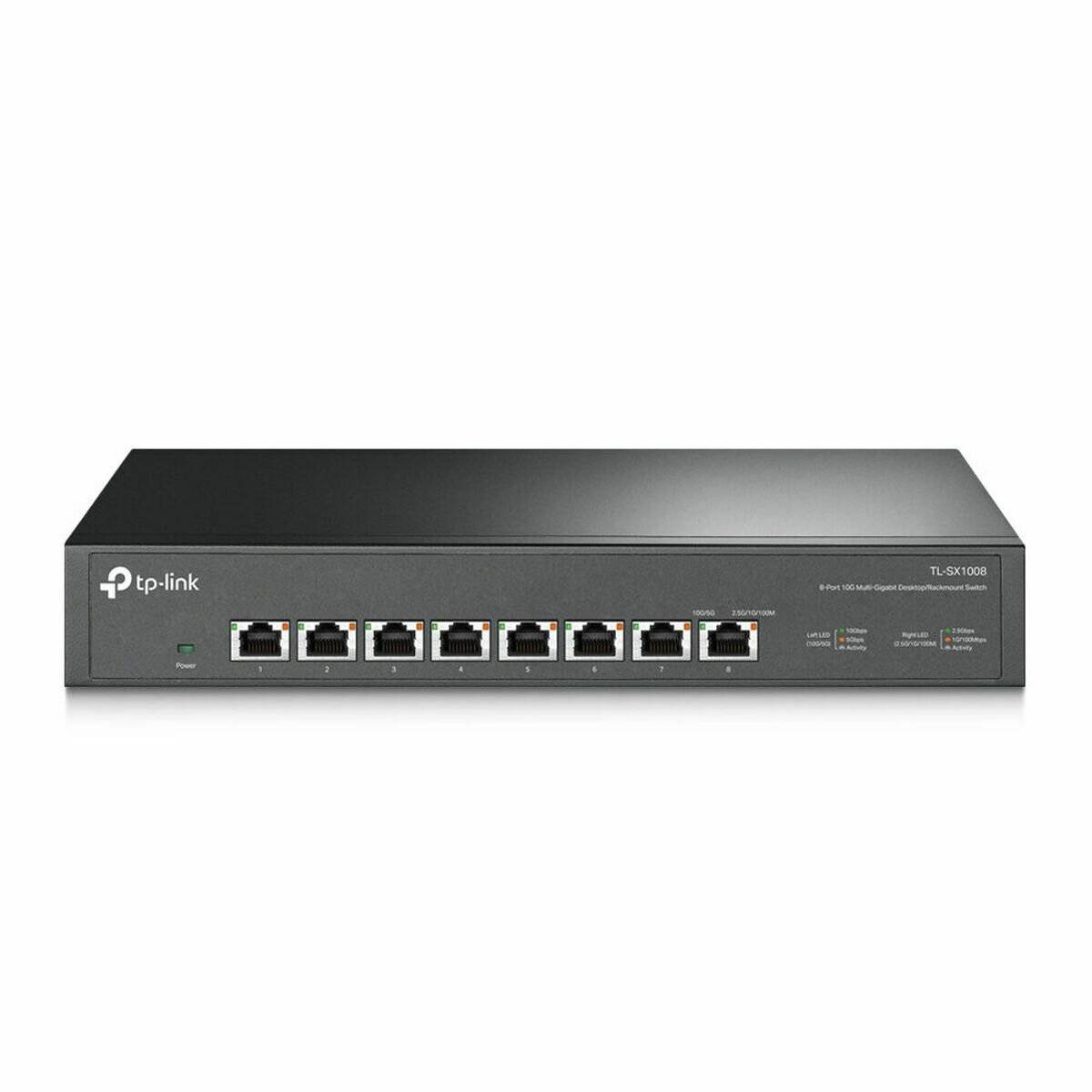TP-Link 8-Port-Ethernet-Netzwerk-Switch, Modell TL-SG108E, mit LED-Anzeigen und Metallgehäuse. Geeignet zum Erweitern der Netzwerkverbindungen.
