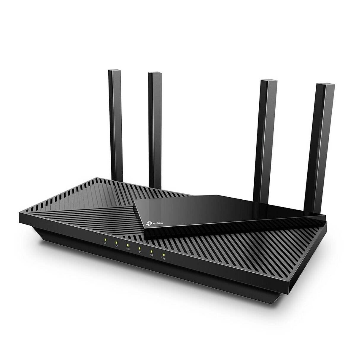 Ein schwarzer WLAN-Router mit vier Antennen und LED-Indikatoren, der ein schlankes, modernes Design präsentiert und darauf abzielt, die drahtlose Konnektivität zu verbessern.