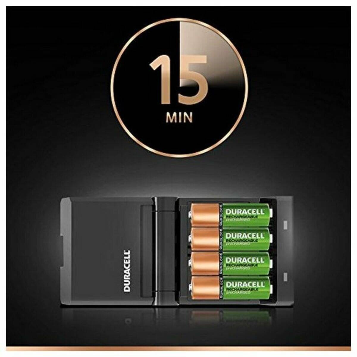 Duracell-Ladegerät mit 4 AA-Batterien; Text zeigt 