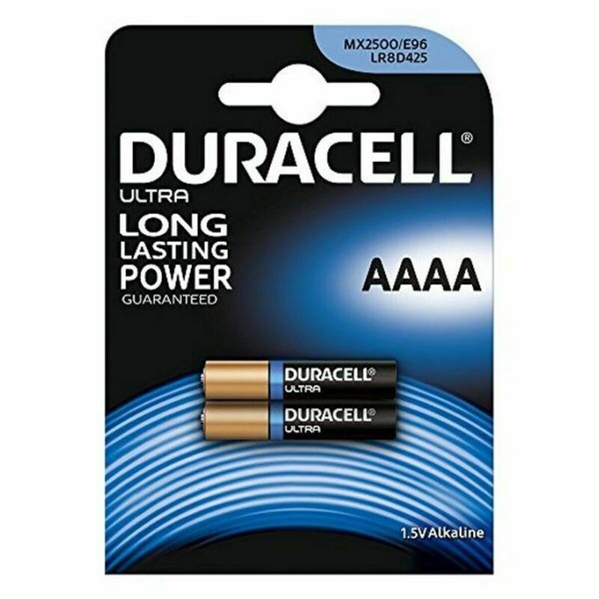 Duracell Ultra AAAA Batterien-Verpackung mit zwei Batterien. Text lautet 'LANGANHALTENDE LEISTUNG GARANTIERT'. Geeignet für kleine Elektronikgeräte.