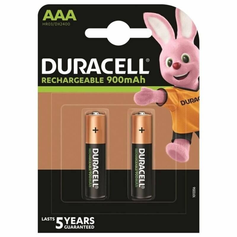 Duracell Wiederaufladbare AAA-Batterien Pack, 900mAh, mit zwei Batterien und Maskottchen. Garantiert 5 Jahre haltbar.