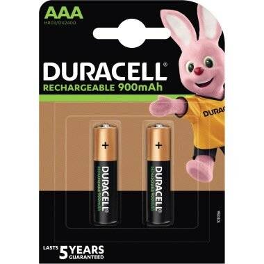 Duracell AAA Akkus, 900mAh, in Verpackung mit pinkem Hasen-Maskottchen. 5 Jahre Garantie.