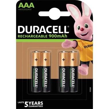 Duracell Aufladbare AAA-Batterien, 900mAh, mit Hasenmaskottchen auf der Verpackung. 5 Jahre Garantie.