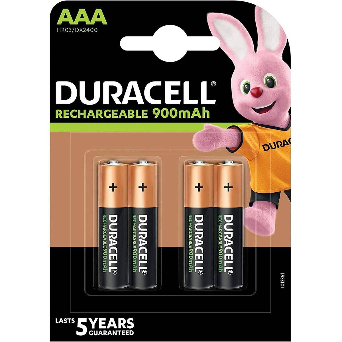 Duracell wiederaufladbare AAA-Batterien, 900mAh, Viererpack, mit einem Cartoon-Hasen als Maskottchen. Hält 5 Jahre, garantiert.