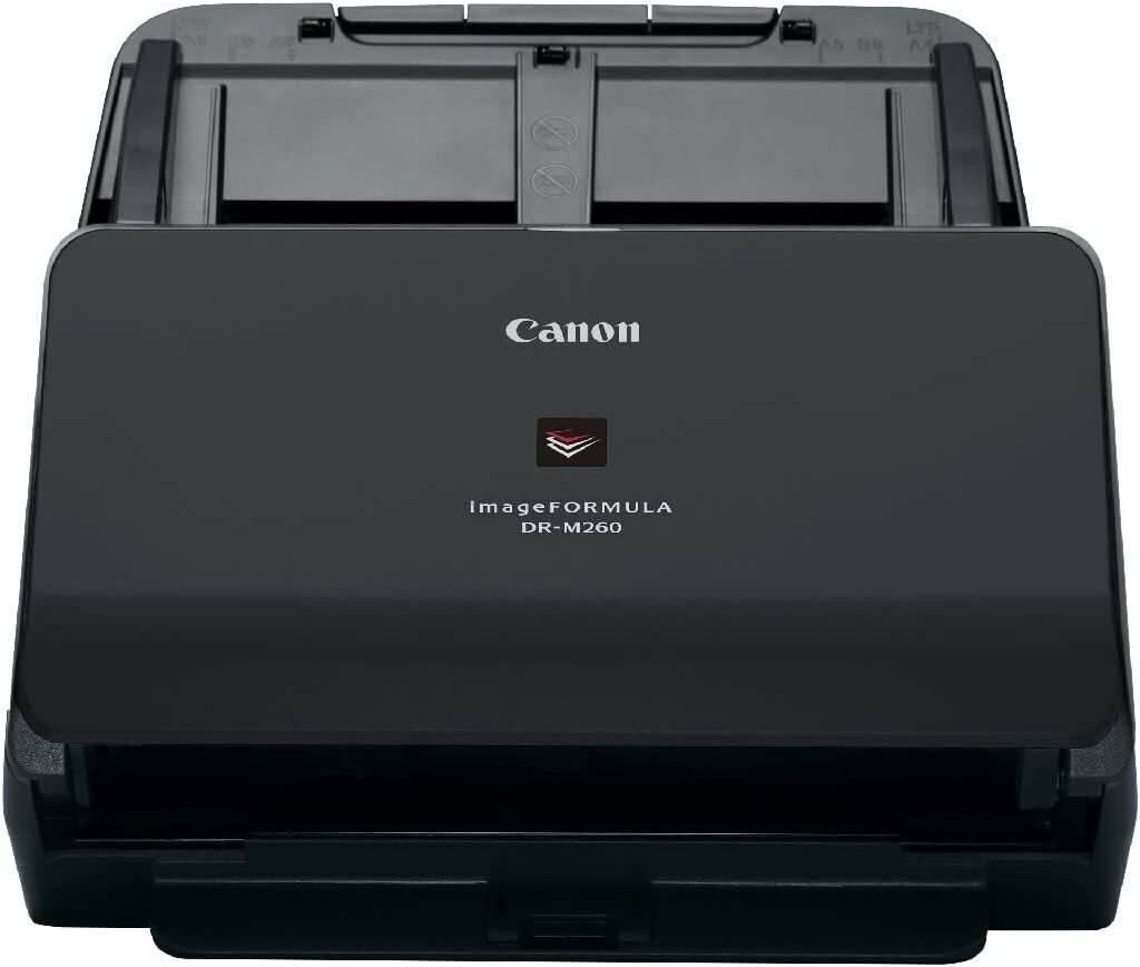 Canon imageFORMULA DR-M260 Dokumentenscanner, schwarze Farbe, Frontansicht. Modellname und Logo auf der Frontblende sichtbar.