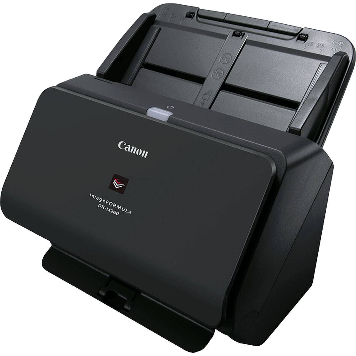 Canon imageFORMULA DR-M260 Dokumentenscanner, Seitenansicht. Schwarzes Design mit Papierzuführung und sichtbaren Bedienungstasten.