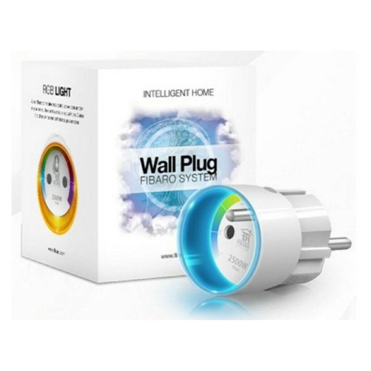 Ein weißer intelligenter Wandstecker mit einem kreisförmigen LED-Indikator neben seiner Verpackung. Auf der Schachtel steht 'Wall Plug FIBARO SYSTEM' und 'Intelligentes Zuhause'.