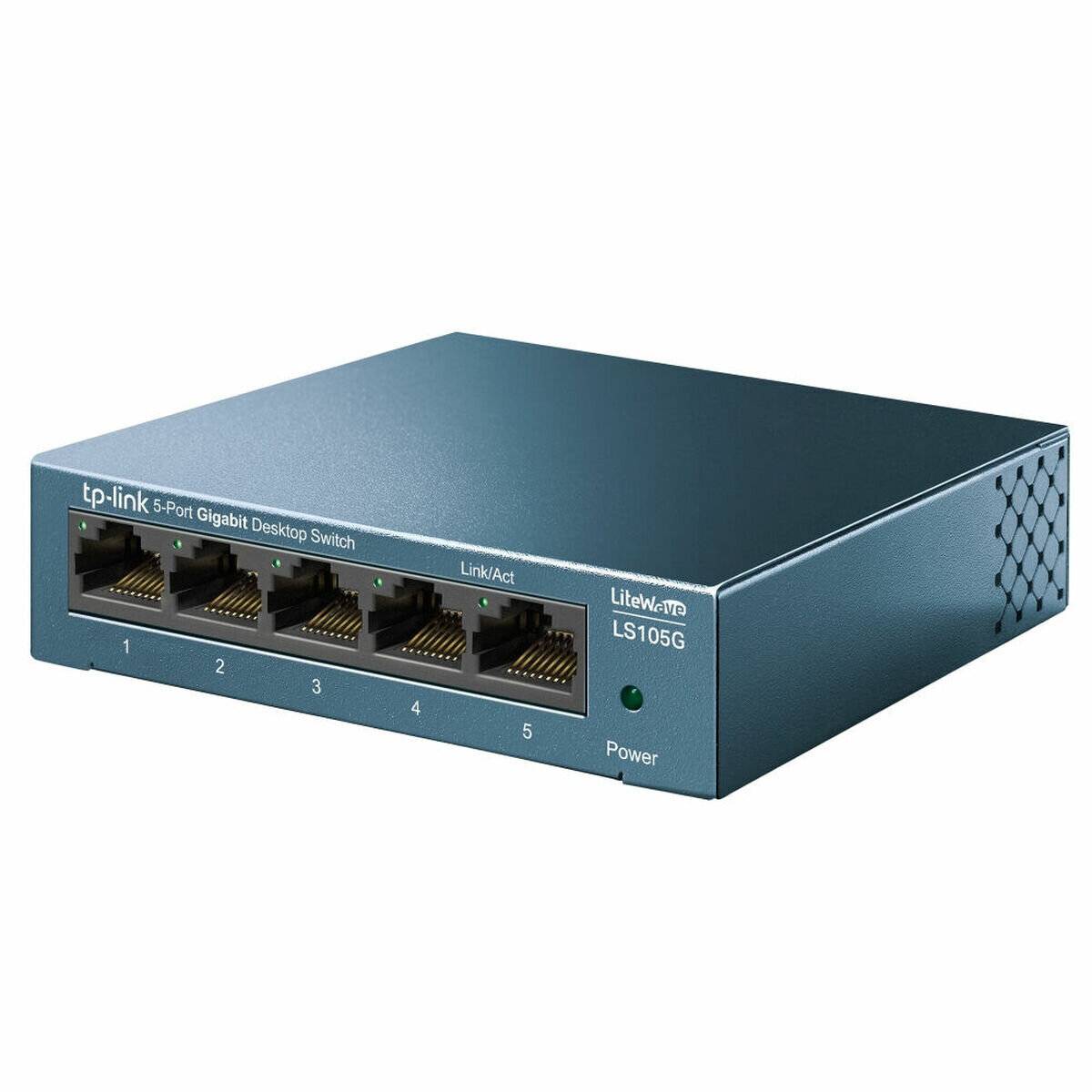 Ein TP-Link 5-Port-Gigabit-Desktop-Switch mit beschrifteten Ports und Anzeigelichtern, verwendet für Netzwerkverbindungen.