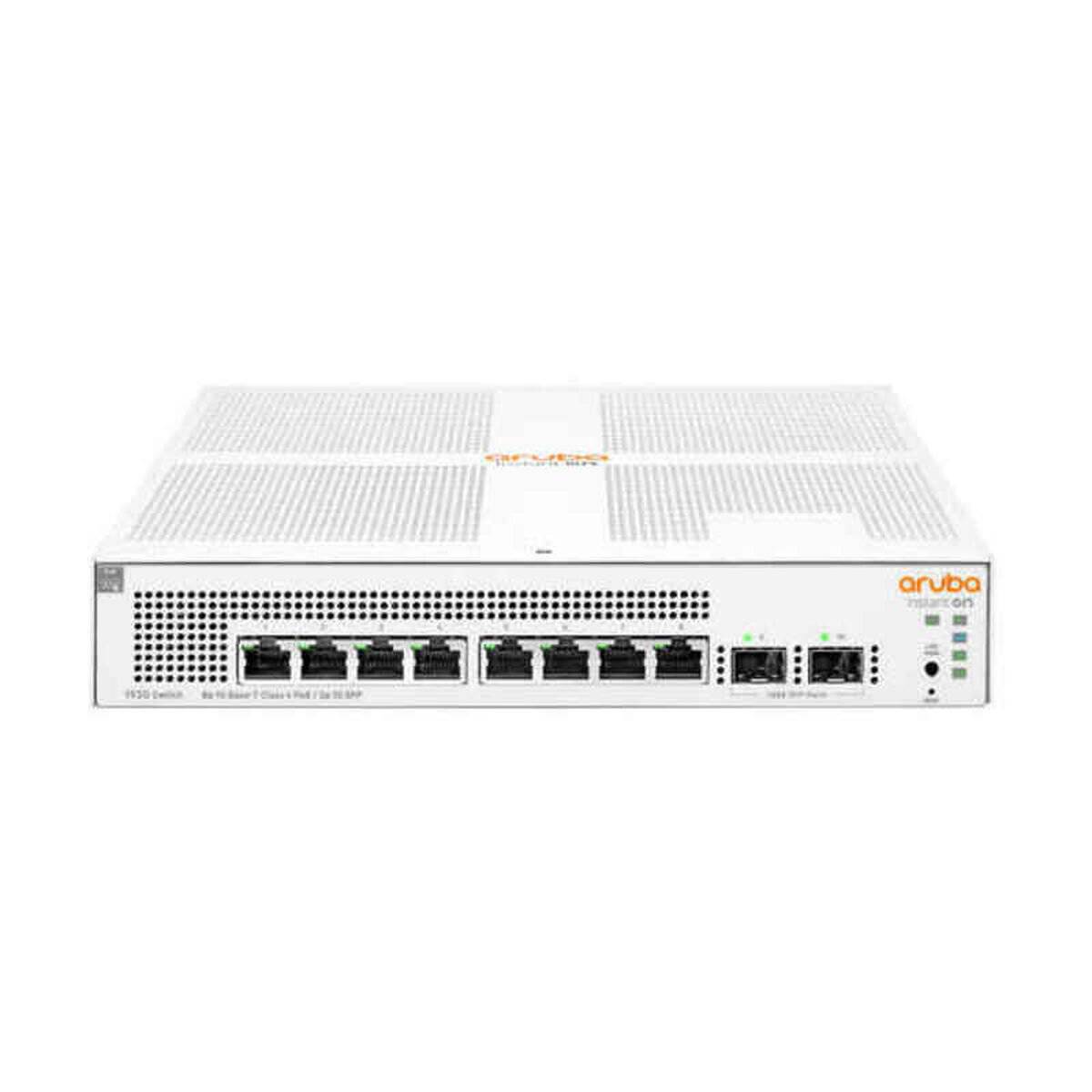 Netzwerk-Switch mit 8 Ethernet-Ports und 2 Uplink-Ports, mit dem Etikett 'Aruba Networks 6100', vor einem weißen Hintergrund.