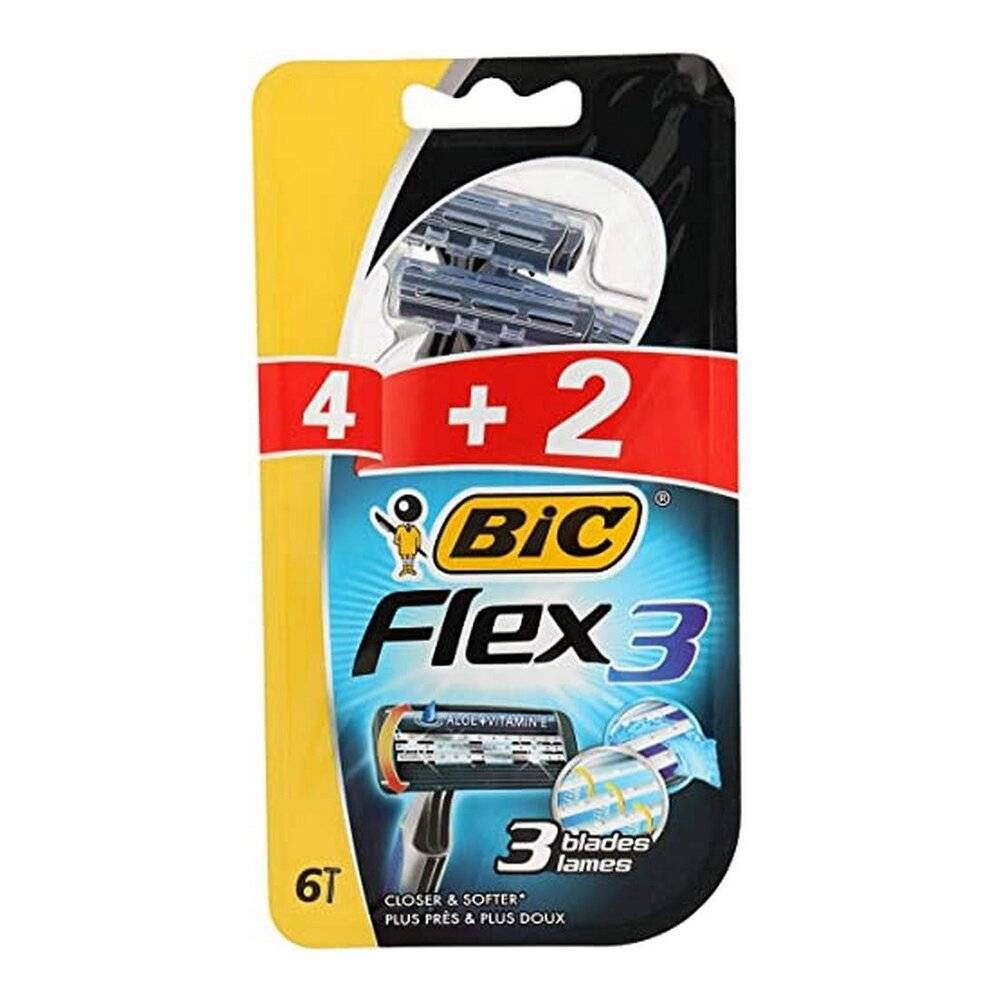 Packung mit BIC Flex 3 Rasierern, enthält insgesamt 6 Einheiten im Angebot '4 + 2'. Rasierbilder und '3 Klingen' Text werden auf der Verpackung hervorgehoben.