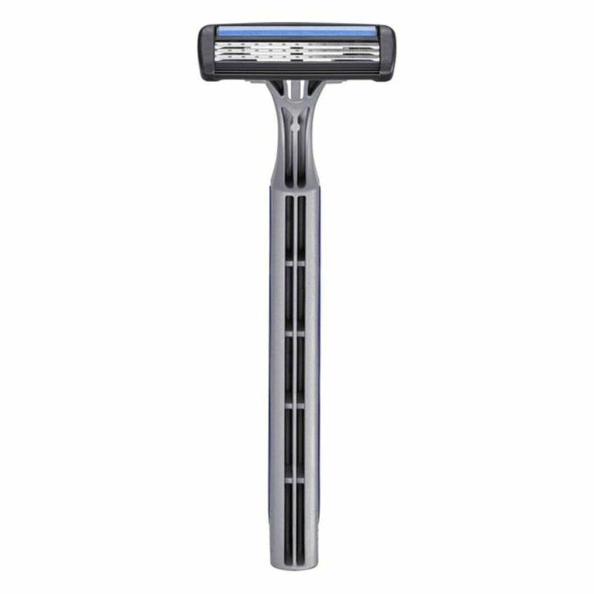 Ein Rasiermesser aus Metall mit schwarzem Griff und blauem Streifen auf der Klinge, entwickelt zum Rasieren. Das Rasiermesser steht senkrecht vor einem weißen Hintergrund.