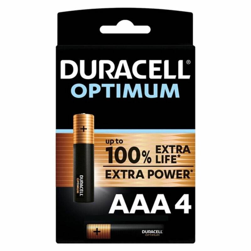 Packung mit Duracell Optimum AAA-Batterien, enthält vier Einheiten. Verspricht 'bis zu 100% längere Lebensdauer' und 'extra Leistung' in fetter Schrift.