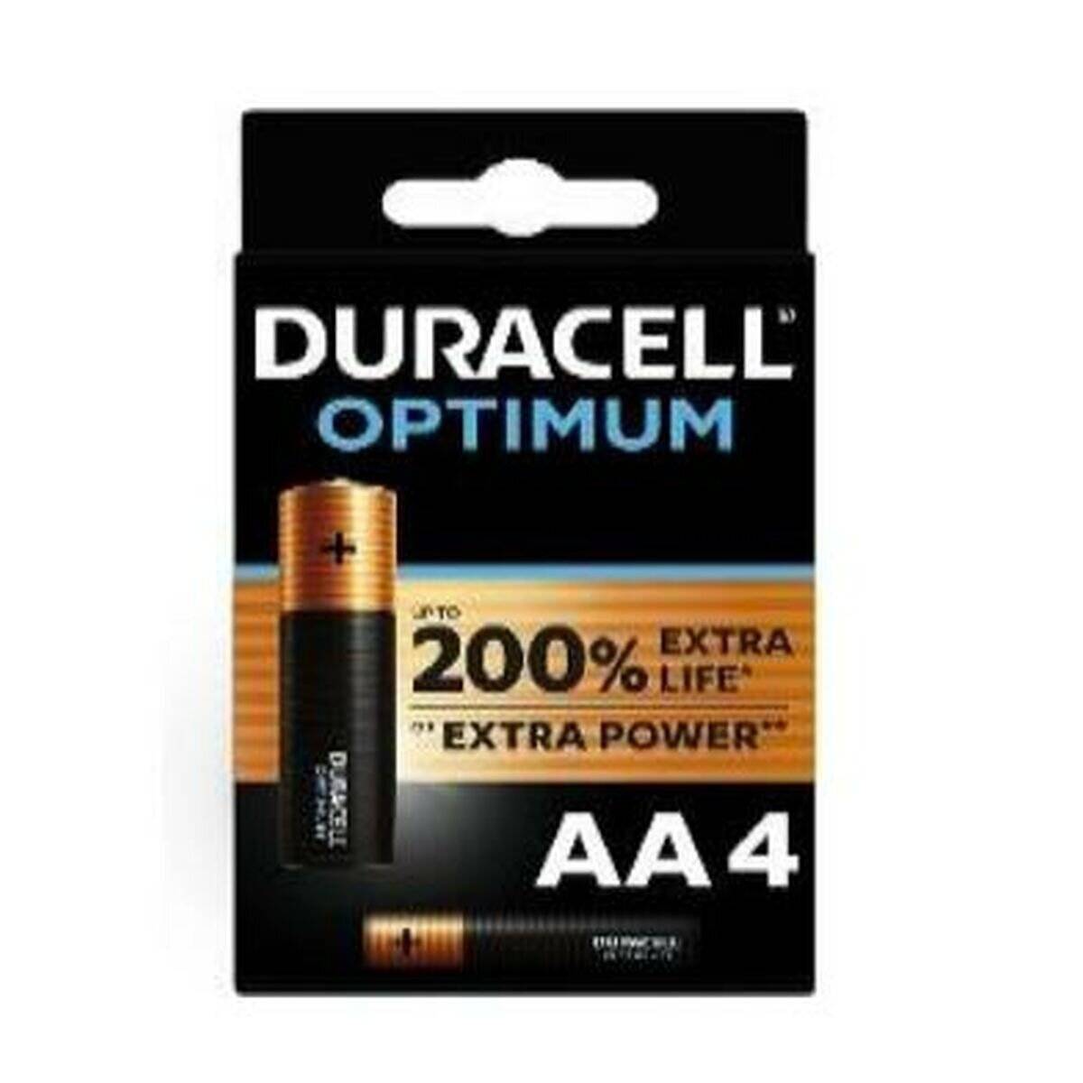 Duracell Optimum AA 4er-Pack Schachtel mit Batterieabbildung. Text: Bis zu 200% mehr Lebensdauer und zusätzliche Leistung.